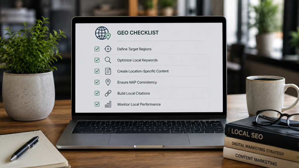 Realistic modern workspace displaying a GEO checklist with technical optimization tasks, content quality, structured data, AI search readiness, entity optimization, and website performance metrics for generative search visibility.