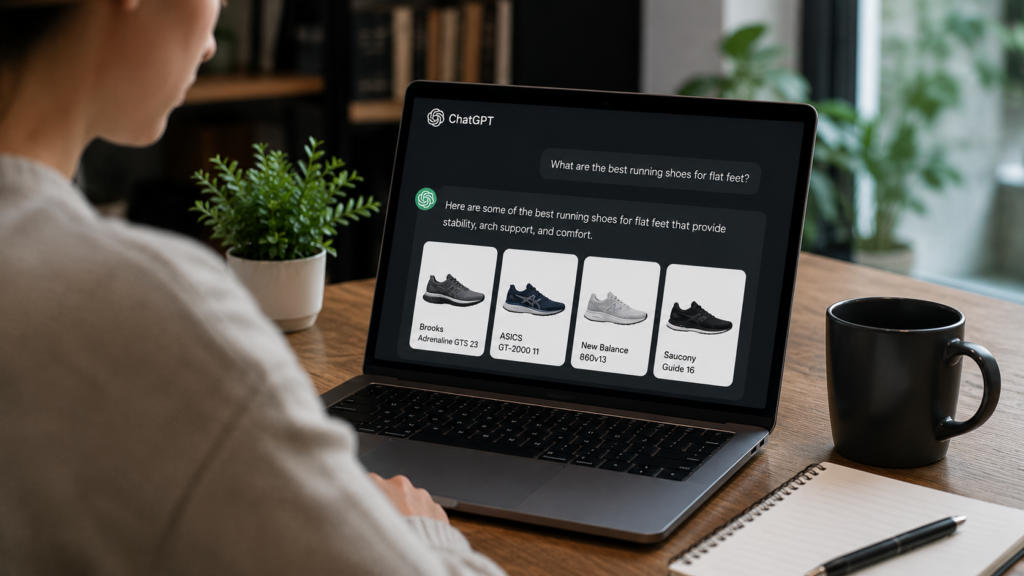 Professional digital marketer using ChatGPT Search to discover AI-generated answers and product recommendations, illustrating how Generative Engine Optimization (GEO) helps content become visible, trusted, and referenced in AI-powered search experiences.