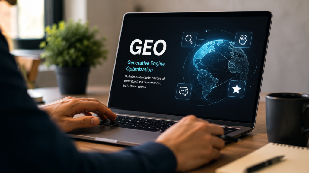 Professional digital marketer using a laptop displaying Generative Engine Optimization (GEO) concepts, AI-driven search technology, and content visibility signals, illustrating how GEO helps content become discoverable, understood, and recommended by AI search engines and generative platforms.