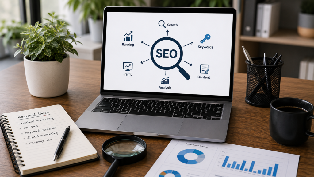 Realistic SEO workspace featuring a laptop displaying a keyword research and search engine optimization diagram, surrounded by a notebook with keyword ideas, analytics reports, a magnifying glass, office supplies, and indoor plants. The image represents the process of keyword research for SEO, including search intent analysis, content planning, ranking improvement, and organic traffic growth