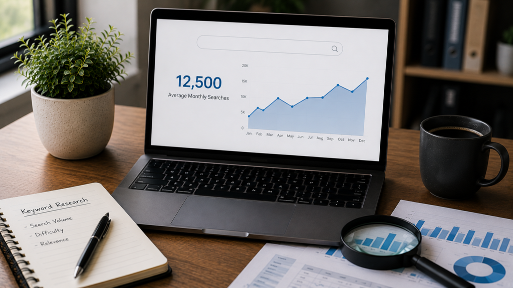 Realistic SEO research workspace featuring a laptop displaying keyword search volume data, monthly search trends, and analytics charts. The desk includes a keyword research notebook, printed performance reports, a magnifying glass, coffee mug, and indoor plant, illustrating how keyword search volume helps marketers measure search demand and prioritize SEO opportunities.