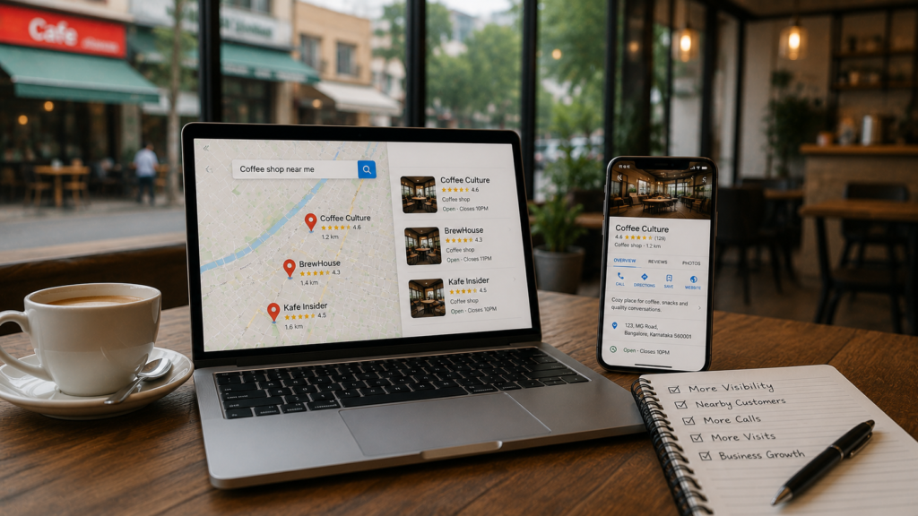 Professional local SEO concept displayed in a modern café workspace, featuring a laptop and smartphone showing local search results, map listings, customer reviews, business profiles, and nearby business locations. The realistic setting illustrates how local SEO helps businesses increase visibility, attract local customers, generate calls, drive store visits, and support long-term business growth.