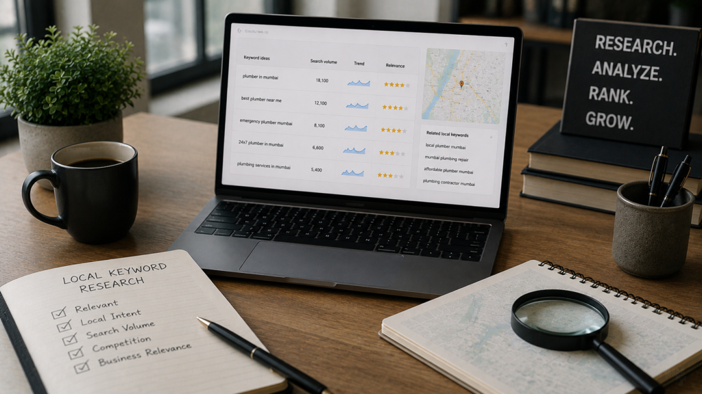 SEO specialist conducting local keyword research on a laptop displaying search volume data, location-based search terms, keyword trends, and map-focused analytics, illustrating how businesses identify local search opportunities to improve visibility and attract nearby customers in a realistic professional workspace.