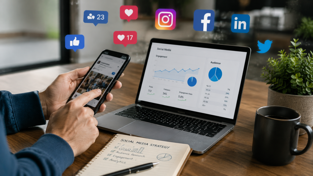 Realistic digital marketing scene showing a business professional managing social media campaigns, creating content, engaging with audiences, analyzing performance metrics, and growing brand awareness across multiple social media platforms in a modern office environment.