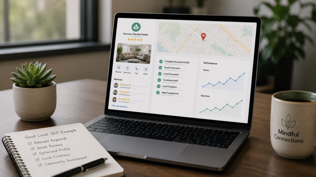 Professional digital marketing workspace featuring a local SEO performance dashboard with map rankings, customer reviews, business profile optimization, local citations, and search visibility metrics, illustrating the key elements of a successful local SEO strategy in a realistic office setting.