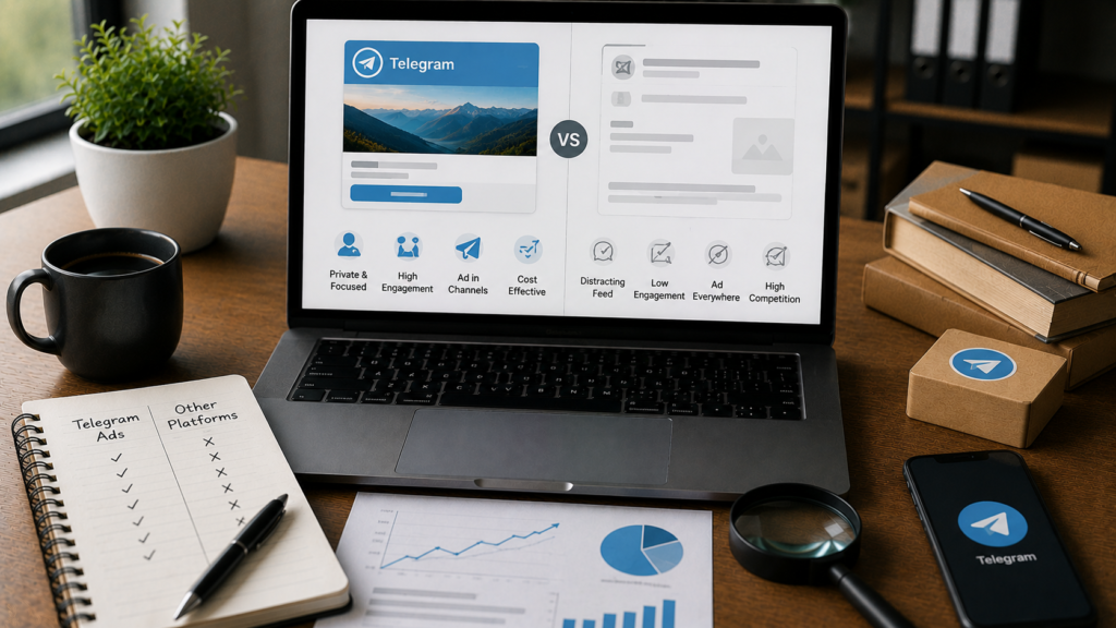 Realistic digital marketing workspace featuring a laptop displaying a comparison between Telegram advertising and other advertising platforms. The desk includes marketing reports, audience engagement charts, a notebook with campaign notes, a smartphone displaying a Telegram interface, a magnifying glass, coffee mug, and office accessories. The scene illustrates Telegram Ads’ unique strengths such as privacy-focused targeting, channel-based promotion, high audience engagement, reduced ad clutter, and direct access to niche communities compared with traditional advertising platforms.