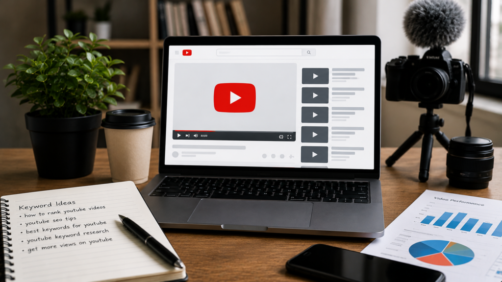 Realistic content creator workspace featuring a laptop displaying a video platform dashboard, keyword research notes, performance analytics reports, a camera setup, and content planning tools. The image illustrates how YouTube keyword research helps improve video discoverability, audience reach, search rankings, and channel growth.