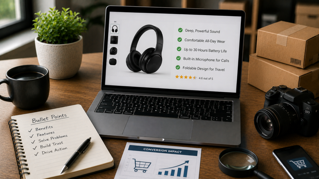 Realistic ecommerce marketing workspace featuring a laptop displaying a product listing with persuasive benefit-focused bullet points, product images, ratings, and conversion elements. The desk includes a notebook outlining bullet point writing strategies, conversion analytics charts, shipping boxes, a magnifying glass, coffee mug, smartphone, and office accessories, illustrating how effective product bullet points help turn online browsers into buyers by highlighting benefits, building trust, and encouraging purchase decisions.