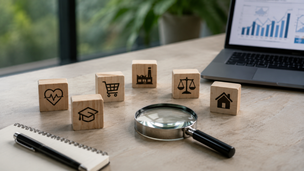 Realistic workspace with industry icons, magnifying glass, and SEO analytics representing organic search strategies across specialized industries.