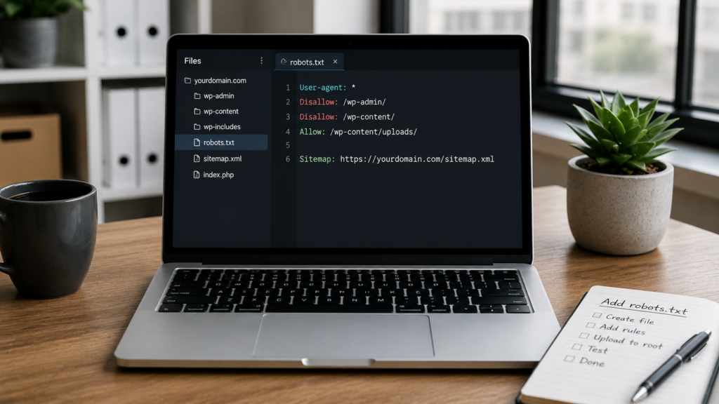 Photorealistic workspace with a laptop editing a robots.txt file in a code editor and a checklist for manually creating, uploading, and testing the robots.txt file for SEO.