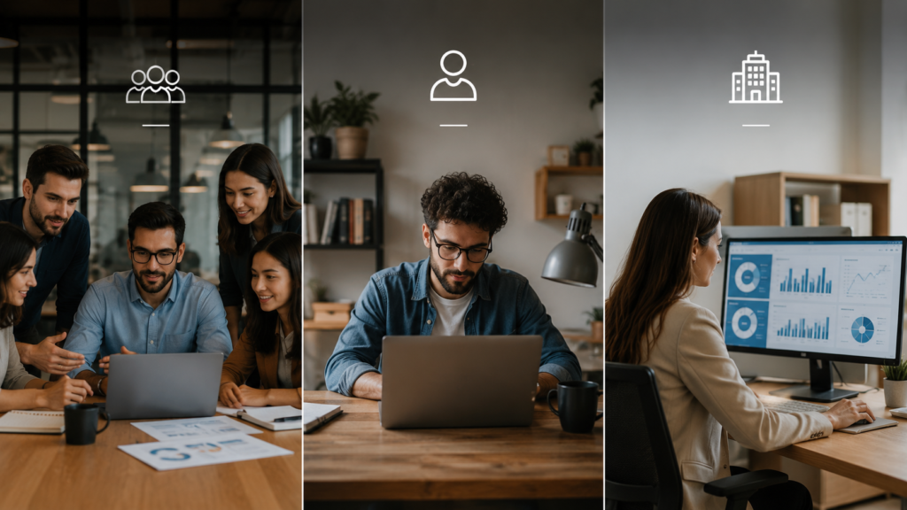Side-by-side comparison of a GEO agency team, freelance GEO specialist, and in-house marketing professional working on AI search optimization and analytics in realistic modern work environments.