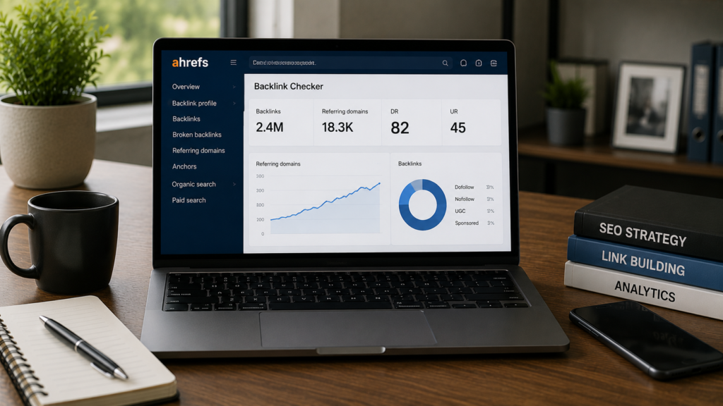 Realistic SEO workspace with a laptop displaying an Ahrefs Backlink Checker dashboard showing backlink counts, referring domains, domain authority metrics, and link analysis data for website SEO evaluation.