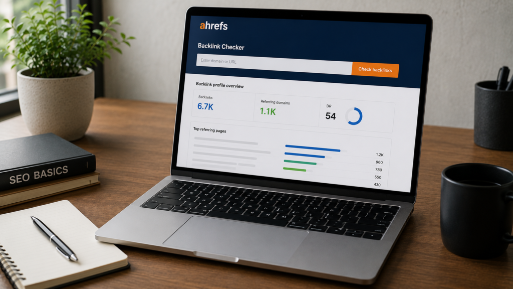 Laptop displaying a backlink analysis dashboard with referring domains, backlink metrics, and SEO data, representing the use of Ahrefs Free Backlink Checker to evaluate a website’s backlink profile.