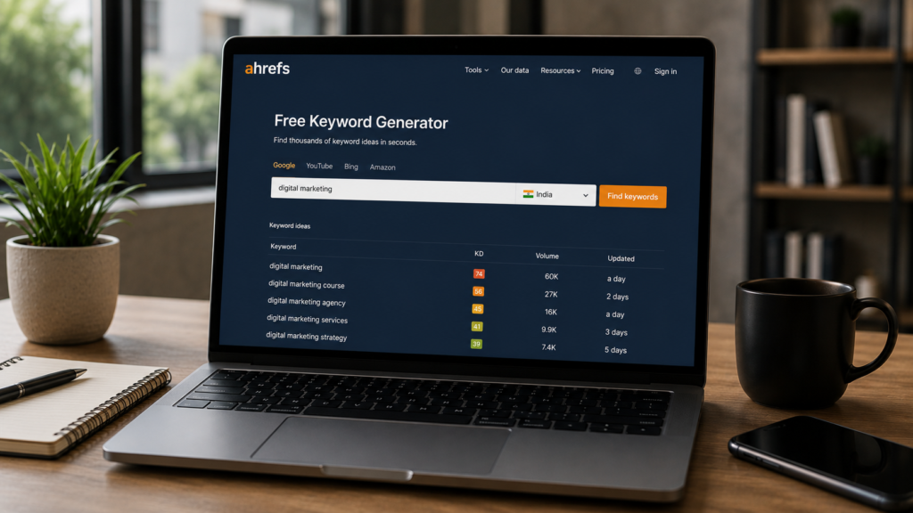 Realistic SEO workspace displaying the Ahrefs Free Keyword Generator on a laptop with keyword research, search volume, and keyword difficulty metrics in a modern office setting.