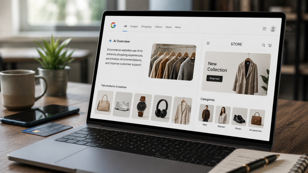 Realistic modern workspace featuring a laptop displaying AI-powered product overviews and an ecommerce website interface, illustrating AI search integration for online shopping and product discovery.