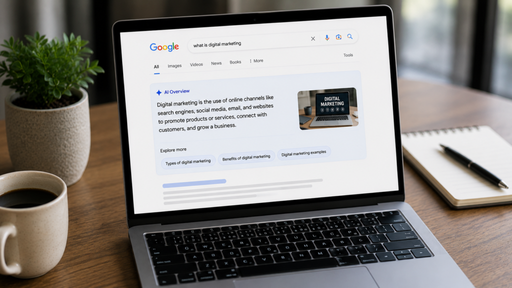 Laptop displaying an AI Overview at the top of a search results page, illustrating how AI-generated summaries enhance search visibility and user experience.
