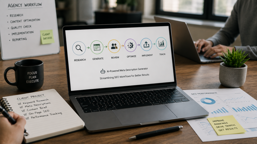AI-powered meta description generator workflow displayed on a laptop with SEO planning documents, analytics reports, and a digital marketing agency workspace.