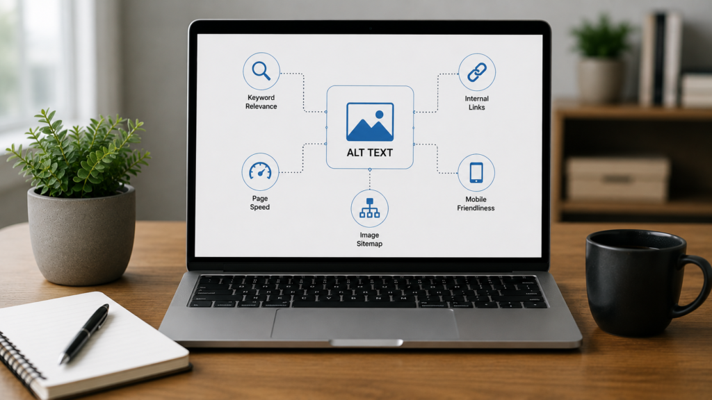 Laptop displaying a visual overview of alt text connected with image SEO, page speed, internal linking, mobile optimization, and sitemap best practices.
