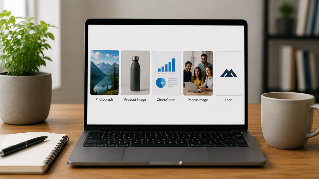 Laptop displaying examples of photographs, product images, charts, people, and logos, illustrating how alt text differs across image types for SEO and accessibility.