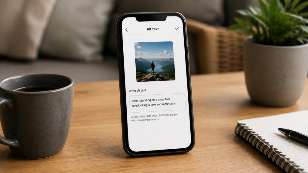 Smartphone displaying Instagram's alt text editing feature for an image, illustrating image accessibility and social media SEO best practices.