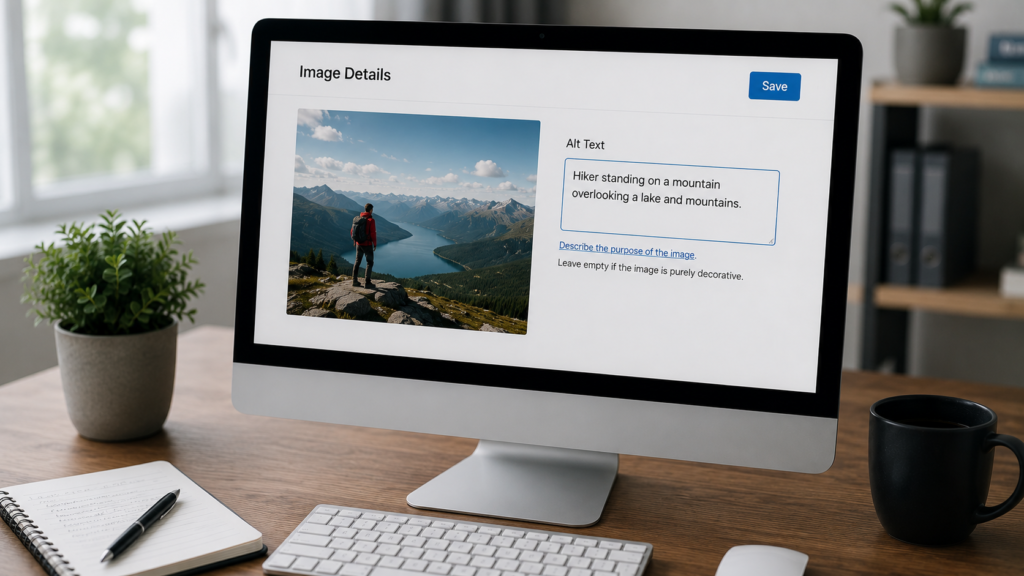 Desktop monitor displaying an image with an alt text editor in a modern workspace, illustrating image accessibility and SEO optimization.