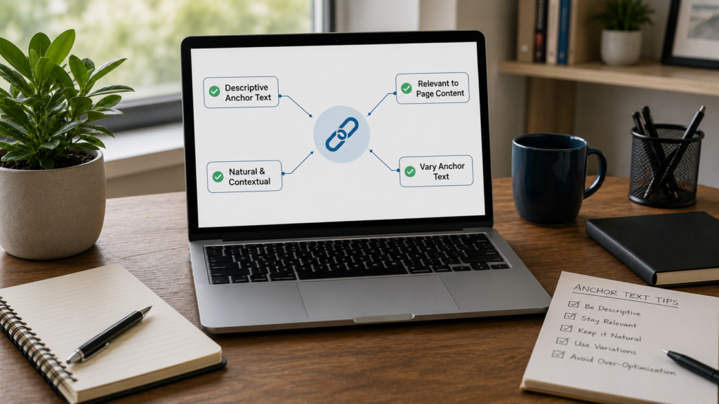 Photorealistic SEO workspace featuring a laptop with an anchor text best practices diagram, highlighting descriptive, relevant, and natural anchor text strategies for effective link building.