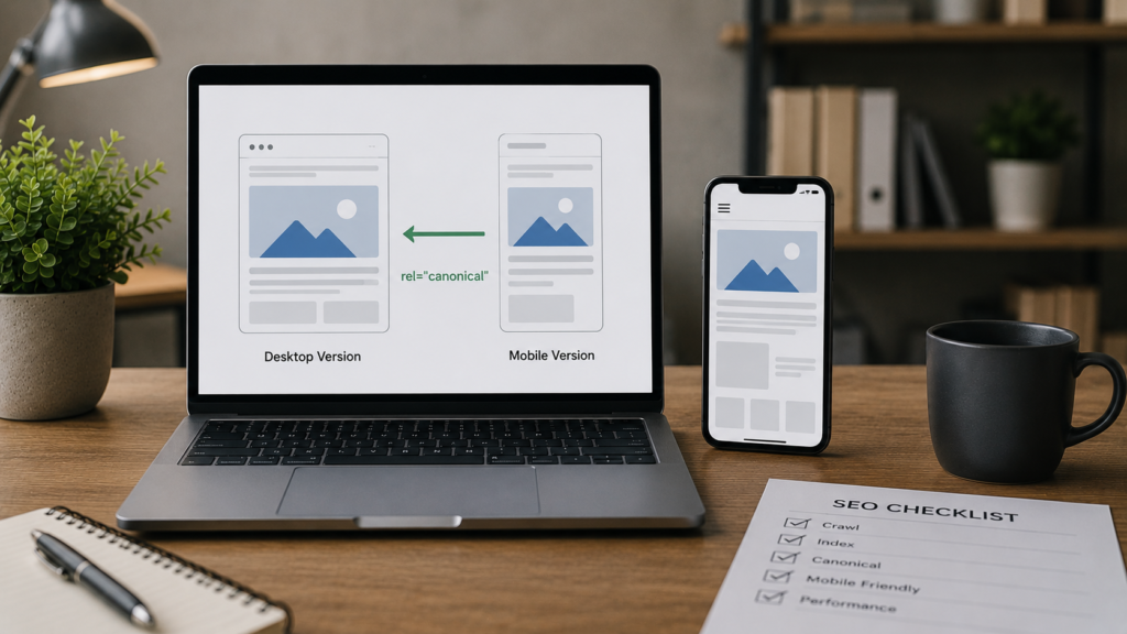 Realistic SEO workspace showing desktop and mobile website versions connected through a canonical URL, illustrating mobile-friendly indexing, canonical tag implementation, and consistent search engine optimization across devices.