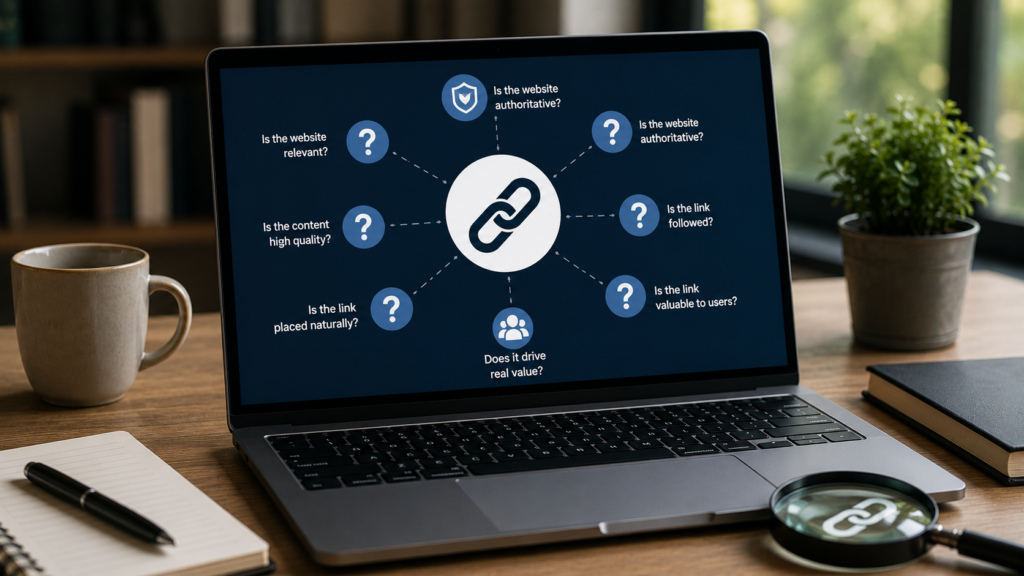 Realistic SEO workspace with a laptop displaying backlink evaluation factors and link analysis, illustrating the key questions search engines consider when assessing backlink quality, relevance, authority, and trustworthiness.