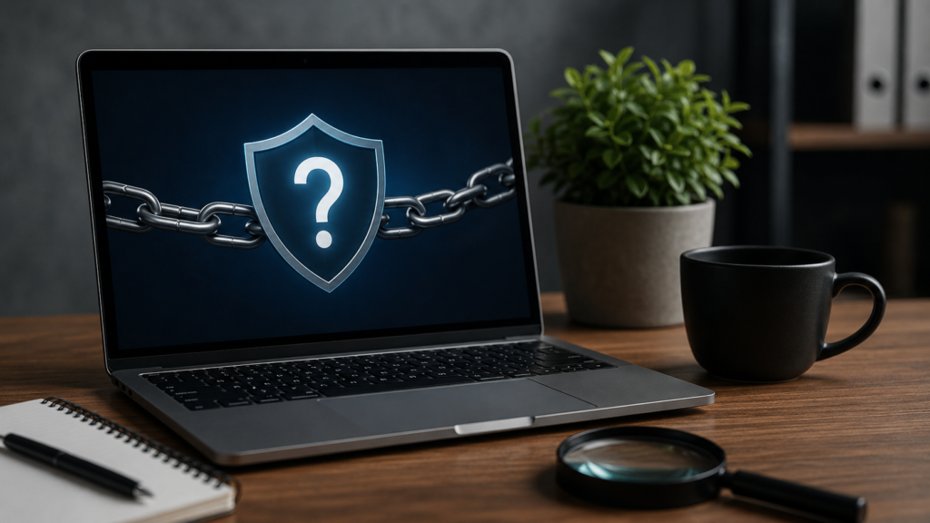 Professional SEO workspace showing a laptop with a security shield and backlink chain symbol, illustrating the safety and risks of using backlink generator tools for search engine optimization.