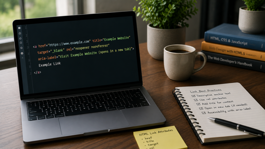 Realistic web development workspace with a laptop displaying HTML link attributes and best practice notes, illustrating advanced HTML link attributes beyond basic anchor text for SEO and accessibility.