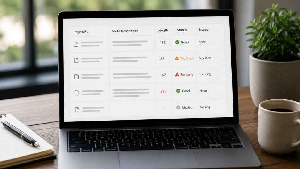 Laptop displaying a website meta description audit dashboard with page URLs, description lengths, and SEO issues, illustrating a site-wide meta description review.