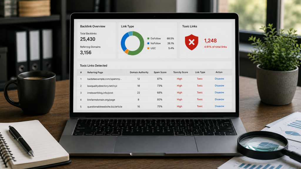 Realistic SEO workspace with a laptop displaying a backlink checker dashboard identifying toxic backlinks, spam signals, referring domains, and link quality metrics for comprehensive backlink profile analysis.