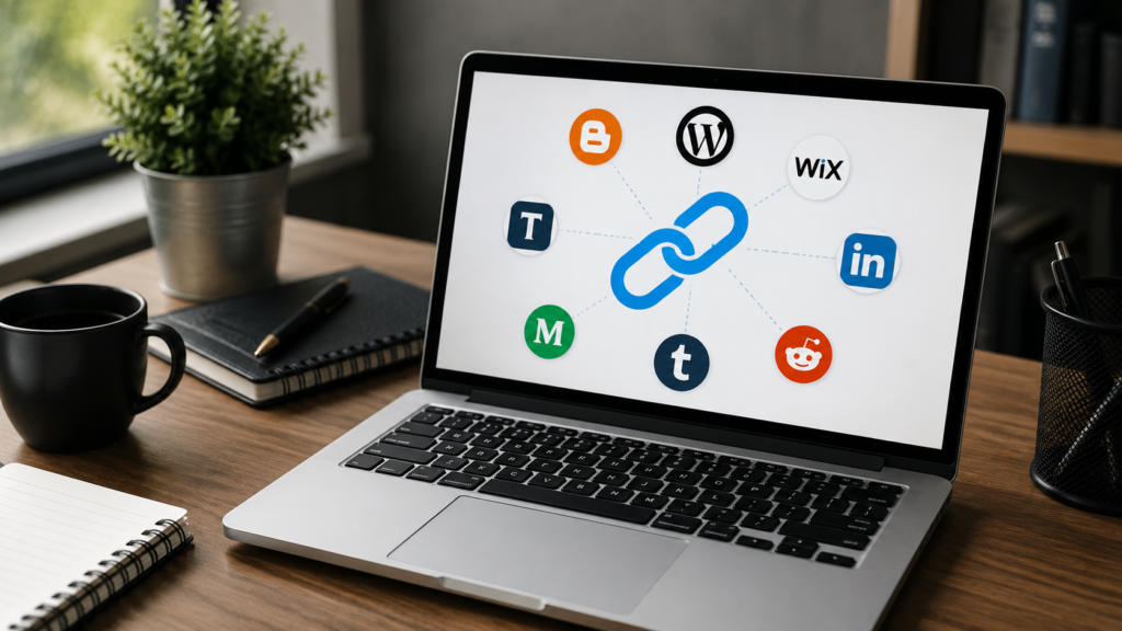 Realistic digital marketing workspace with a laptop displaying a backlink network connected to popular content and publishing platforms, representing trusted backlink creation sites for improving SEO authority.