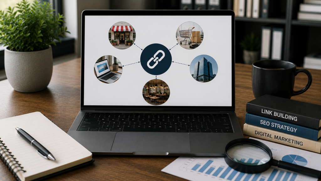 Realistic SEO workspace with a laptop illustrating backlink strategies for different business types, including local businesses, eCommerce stores, SaaS companies, corporate websites, and hospitality brands connected through a link-building strategy.