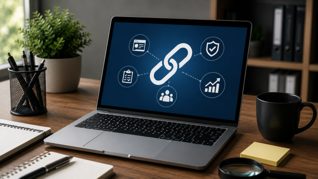 Realistic SEO workspace with a laptop displaying a backlink workflow and quality optimization icons, representing best practices for submitting backlinks to improve website authority and search rankings.
