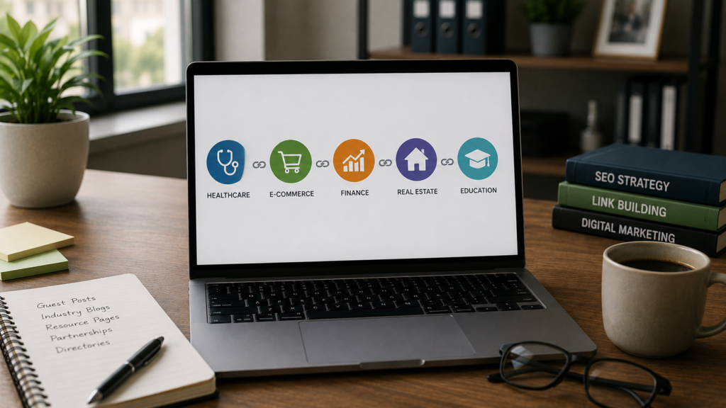 Realistic digital marketing workspace with a laptop displaying backlink strategies across healthcare, e-commerce, finance, real estate, and education industries, illustrating industry-specific link building approaches.