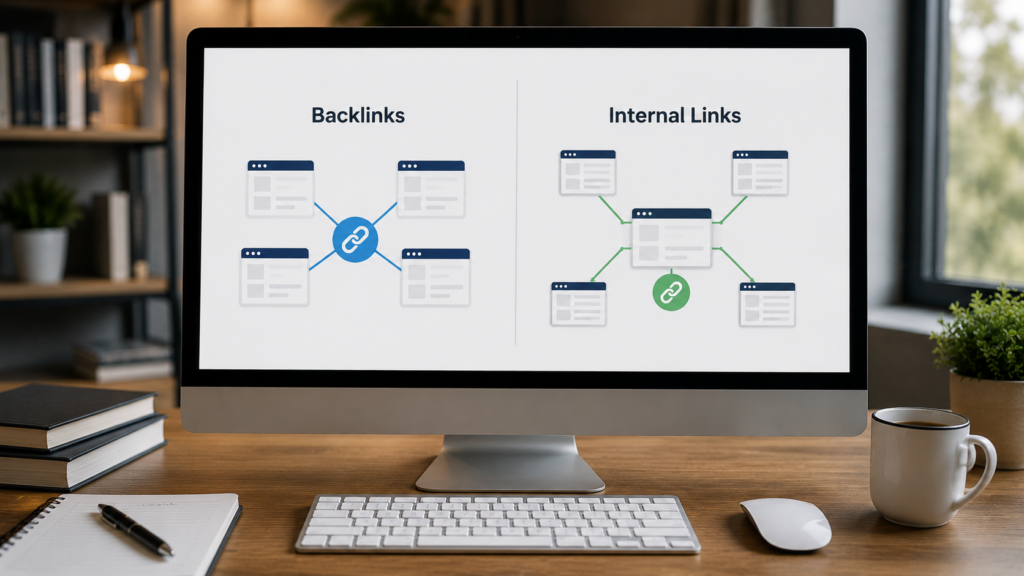 Realistic SEO workspace with a monitor comparing backlink connections between websites and internal links within a single website, illustrating the difference between external authority links and internal site navigation for search engine optimization.