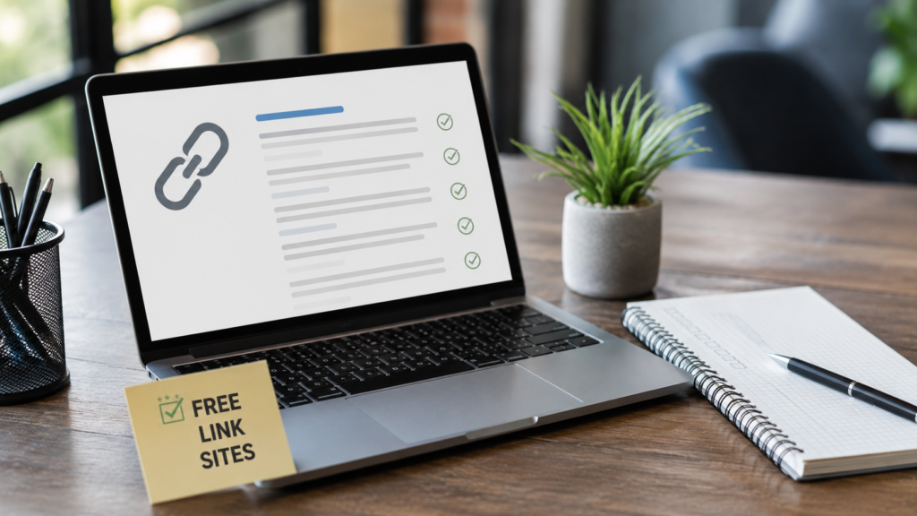 Realistic office workspace with a laptop displaying an SEO checklist, backlink icons, and a curated list concept representing the best free link building sites for improving website authority.