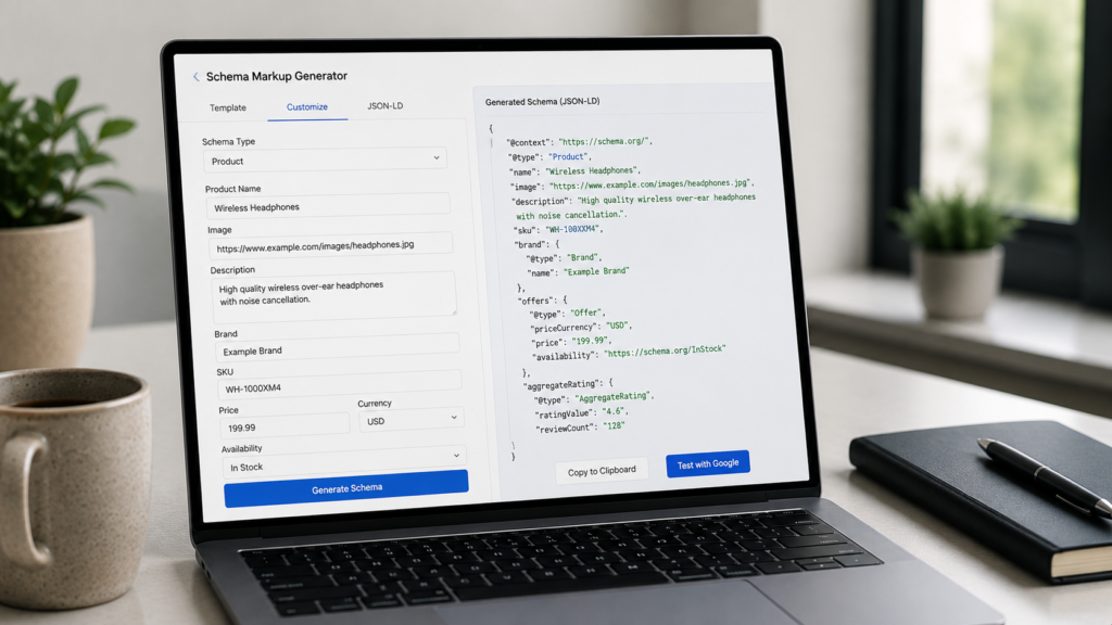 Photorealistic workspace featuring a laptop running a schema markup generator with a live JSON-LD preview, illustrating the creation of structured data for products, articles, local businesses, and other SEO-rich content.