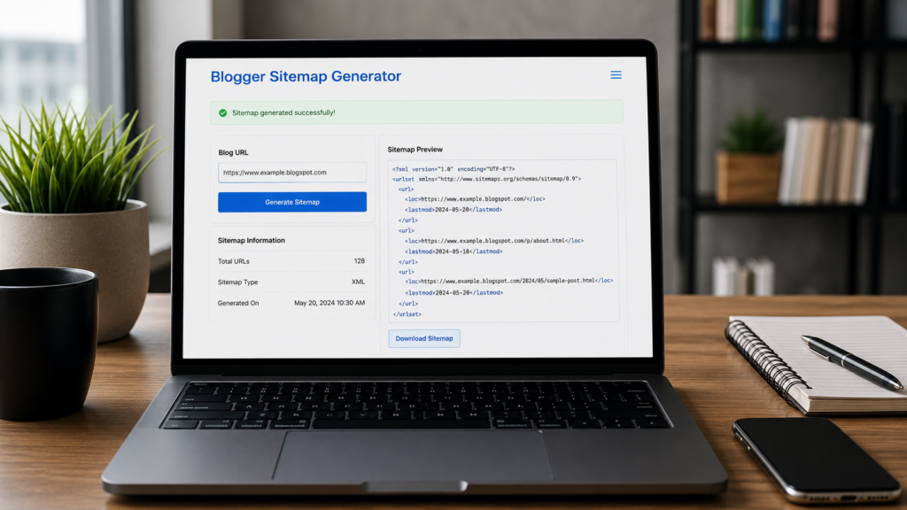 Photorealistic modern workspace with a laptop displaying a Blogger sitemap generator interface, showing Blogspot URL input, XML sitemap preview, and sitemap generation workflow for improved SEO indexing.