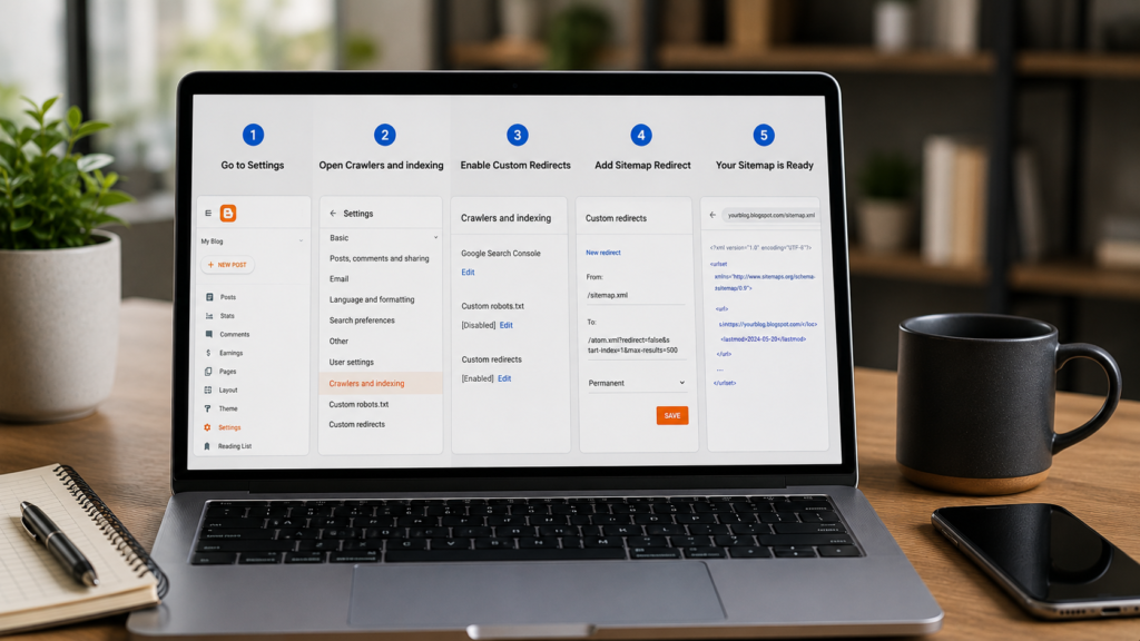 Photorealistic modern workspace with a laptop displaying a step-by-step Blogger sitemap setup process, showing Blogger settings, sitemap configuration, XML sitemap generation, and Google Search Console submission for SEO indexing.