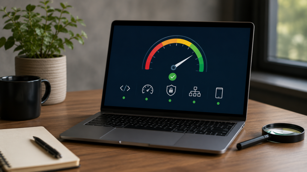 Laptop displaying a technical SEO performance dashboard with site health indicators, speed metrics, and optimization icons, illustrating how technical improvements support domain authority growth.