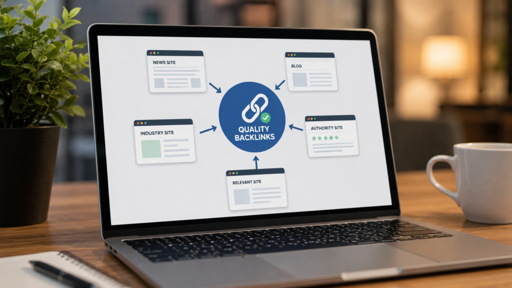Realistic office workspace with a laptop illustrating high-quality backlinks from trusted websites, representing an effective SEO strategy for improving search engine rankings and domain authority.