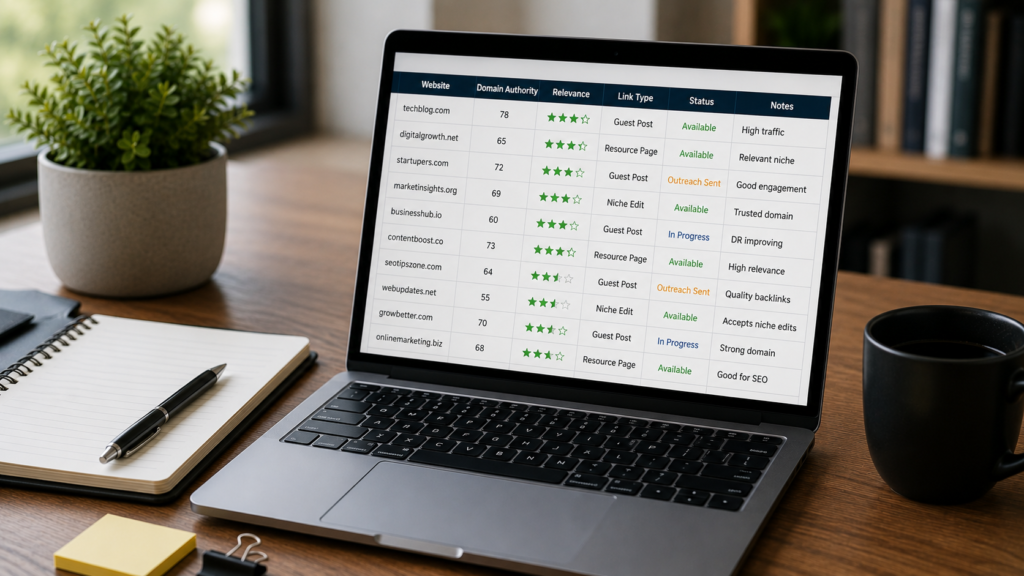 Realistic SEO workspace with a laptop displaying an organized backlink website list including domain authority, relevance, and outreach status, representing a practical backlink prospecting strategy.