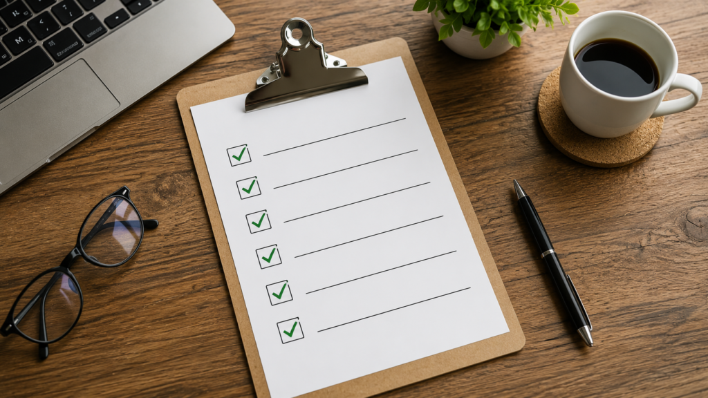 Clipboard with an image SEO checklist on a modern desk beside a laptop and notebook, representing a simple alt text optimization checklist.