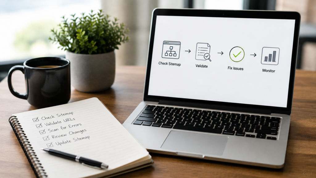Realistic SEO workspace showing a structured sitemap checking routine with website validation, monitoring, and regular XML sitemap maintenance.