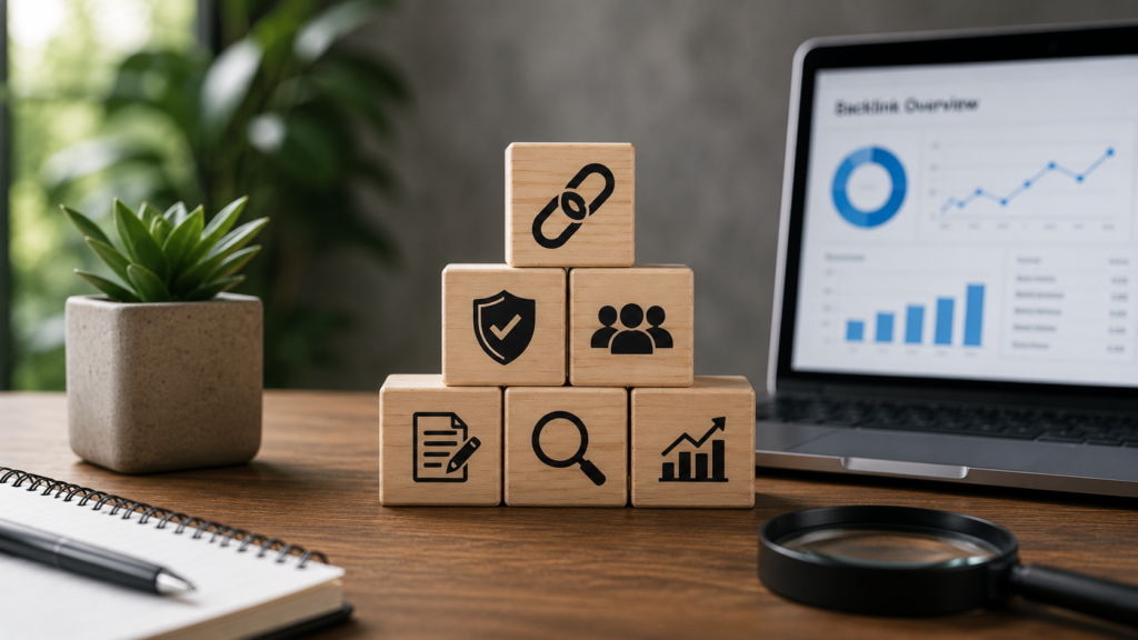 Realistic SEO workspace featuring a structured stack of strategy blocks with backlink, security, content, and analytics icons beside a laptop displaying performance metrics, representing a sustainable long-term backlink strategy.