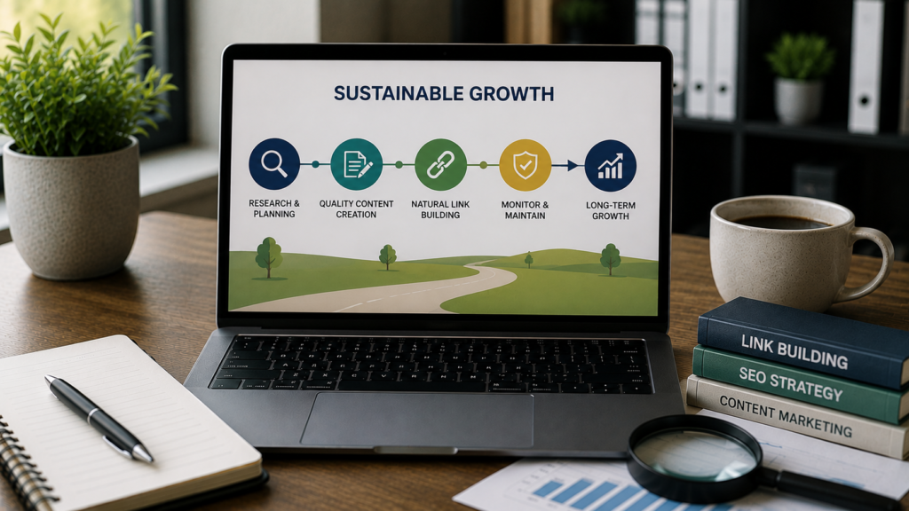Realistic SEO workspace with a laptop illustrating a long-term backlink strategy focused on research, quality content, natural link building, monitoring, and sustainable organic growth.