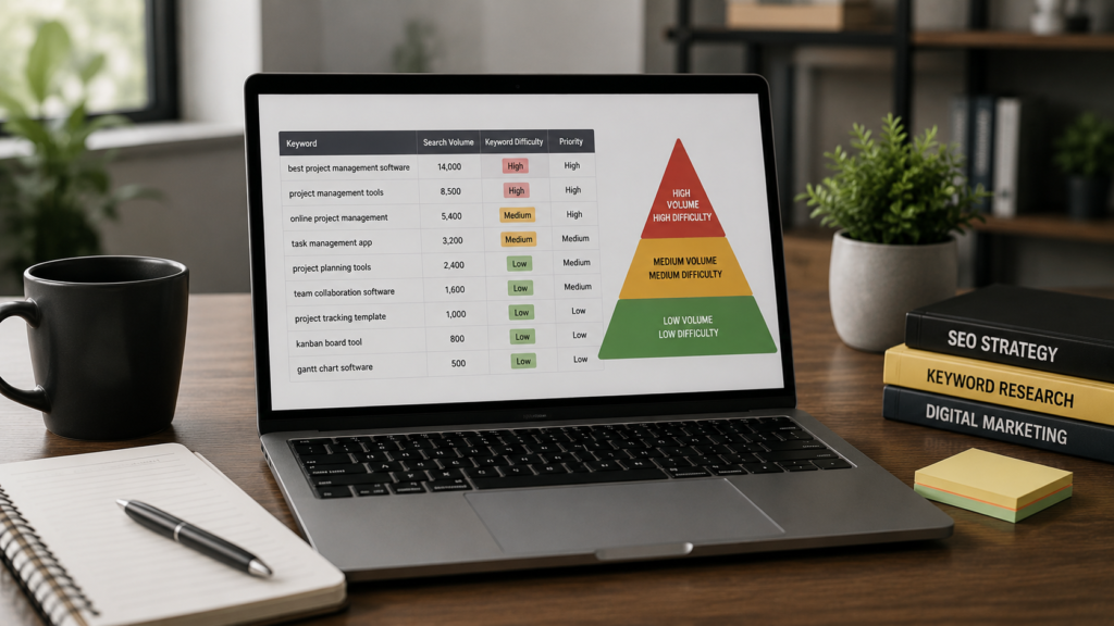 Realistic SEO workspace with a laptop displaying keyword search volume, keyword difficulty, and priority tiers, illustrating how to build a volume-based keyword strategy by grouping keywords according to search volume and competition.