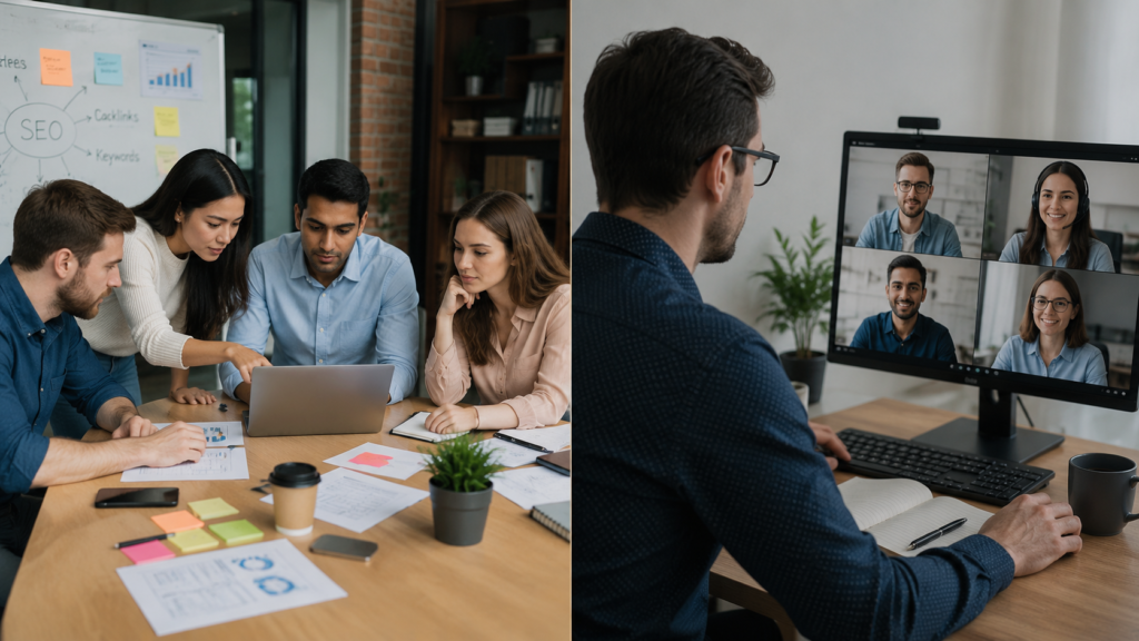 Realistic split-screen comparison of an in-house marketing team collaborating in an office and a remote outsourced team meeting online, illustrating internal team building versus outsourcing for SEO and link-building projects.